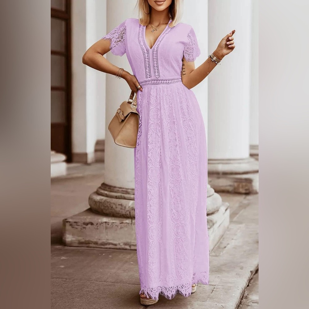 MEROKEETY V Neck Short Sleeve Floral Lace Wedding Bridesmaid Cocktail Maxi Dress
